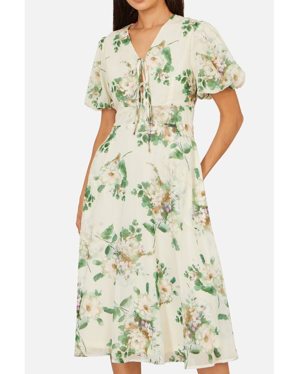 Yumi' White Ivory Floral Tea Dress With Front Ties