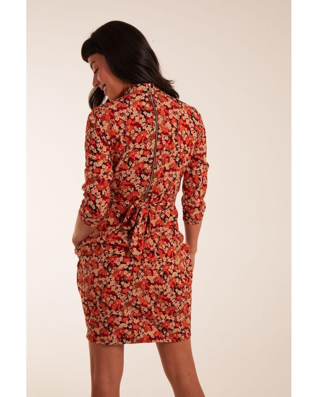 Blue Vanilla Red High Neck 3/4 Sleeve Dress With Belt