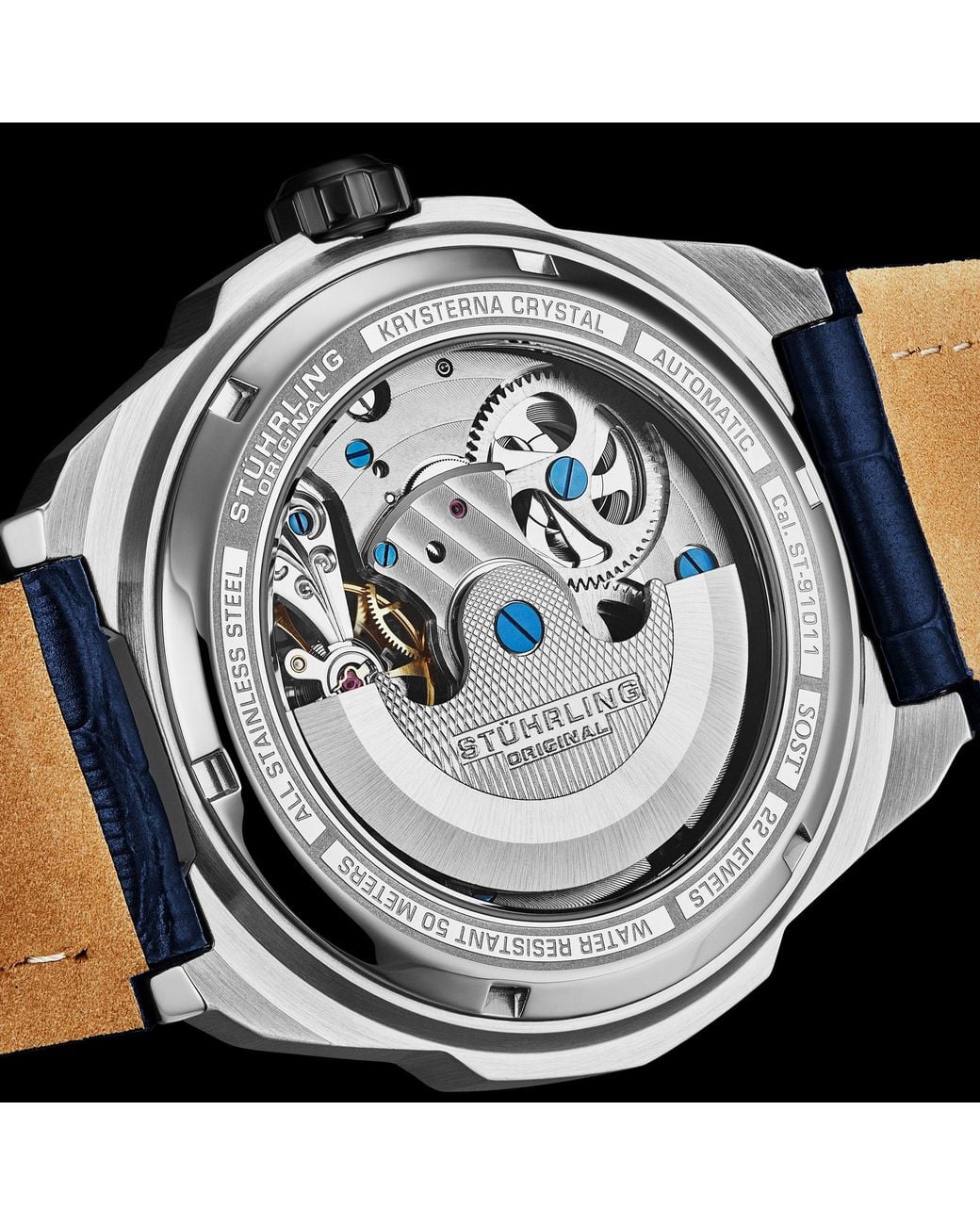Stuhrling Metallic Dual Time Automatic Navigator Watch, 46Mm Stainless Steel Case, Dual Time, Skeleton Dial, Sun/Moon Phase Indicator for men