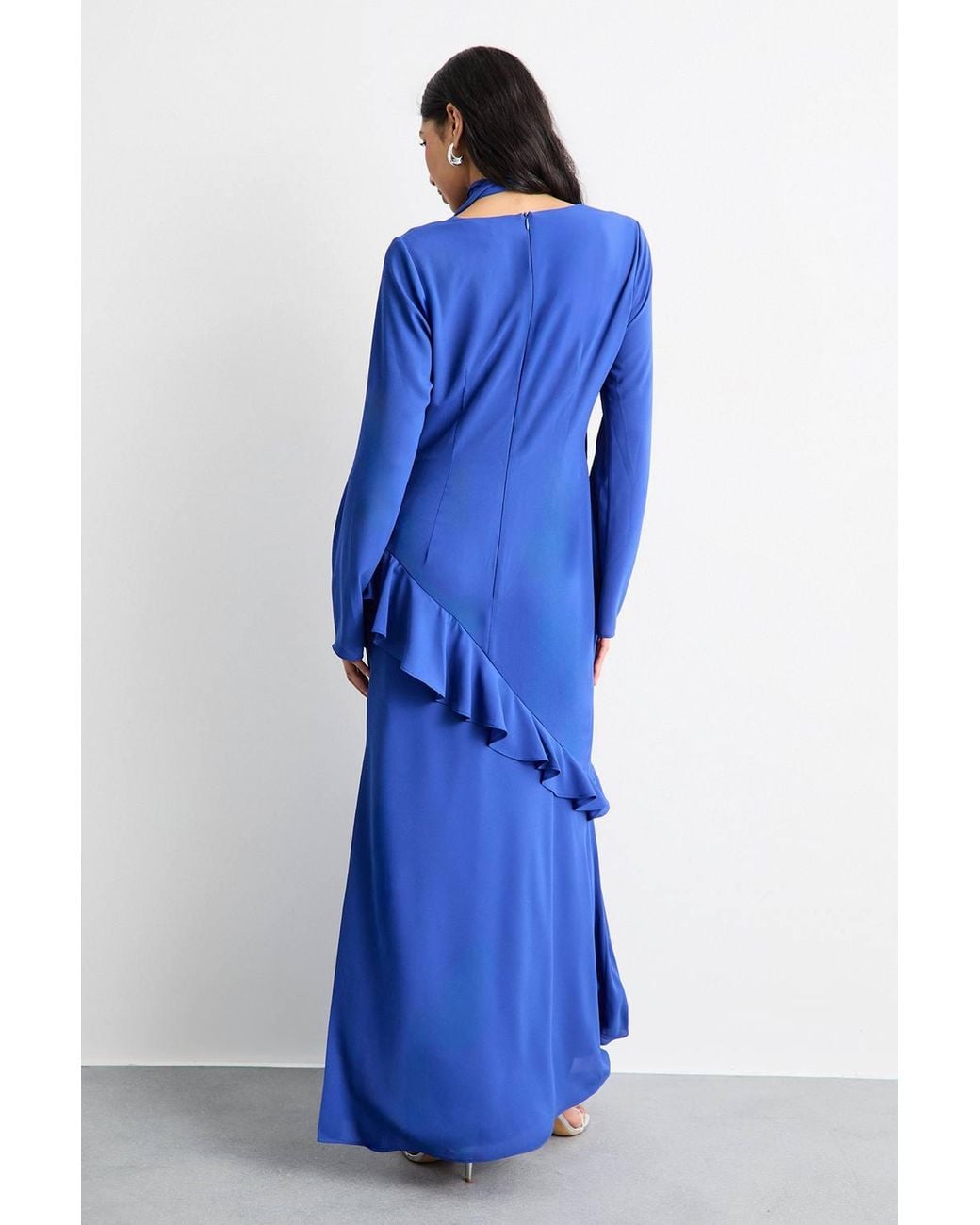 Warehouse Blue Long Sleeve Cowl Neck Ruffle Detail Maxi Dress