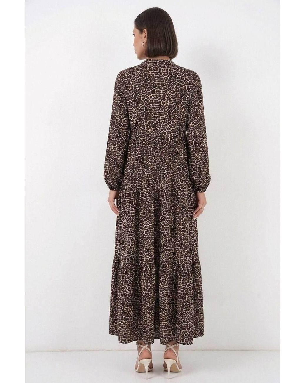 Bigdart Brown Patterned V-Neck Maxi Dress With Button Closure