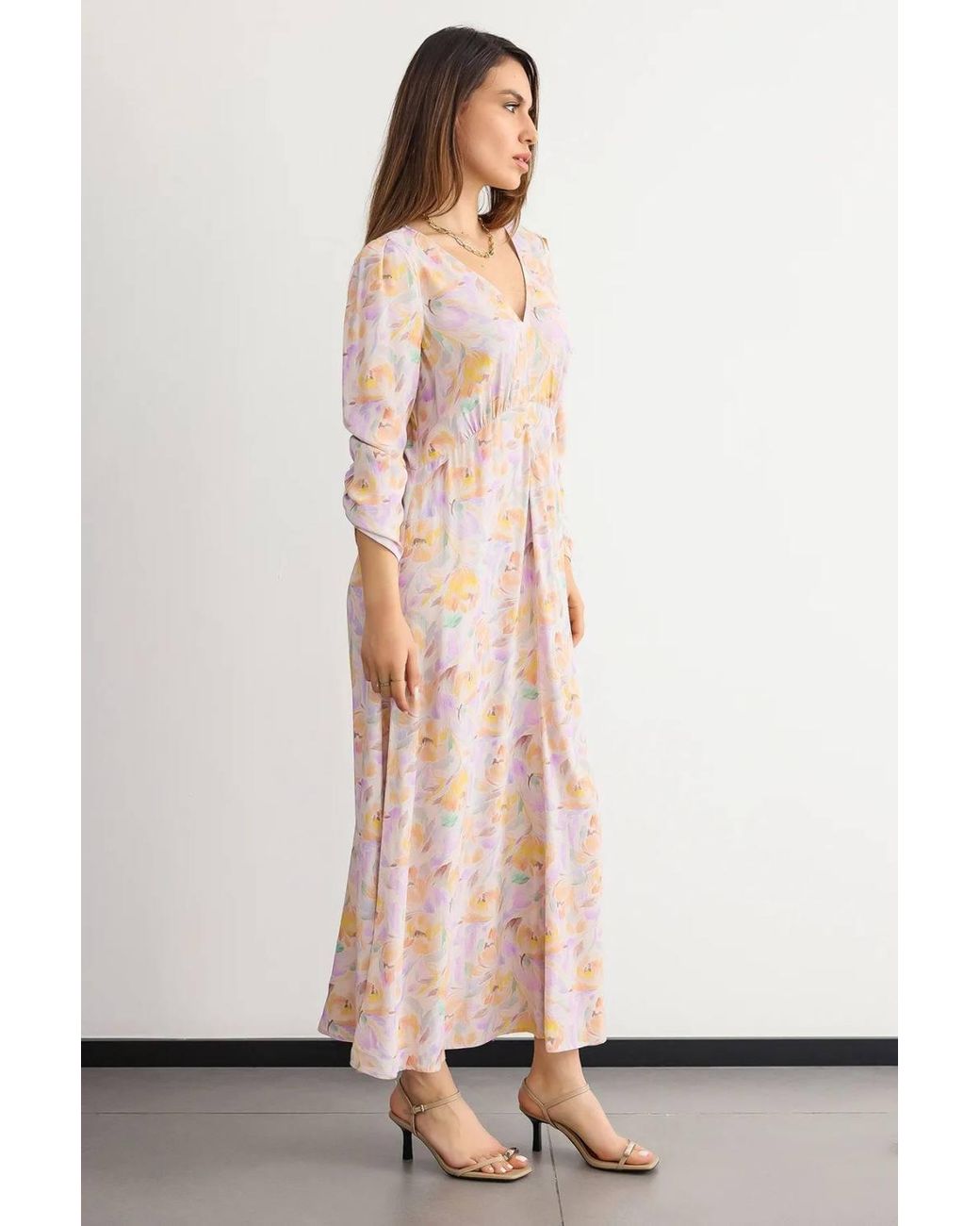 Hiccup Metallic Printed Maxi Dress With V-Neck & Ruched Back