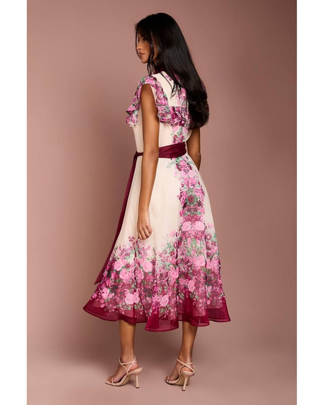 Coast Pink Petite Placement Print Frill Midi Dress