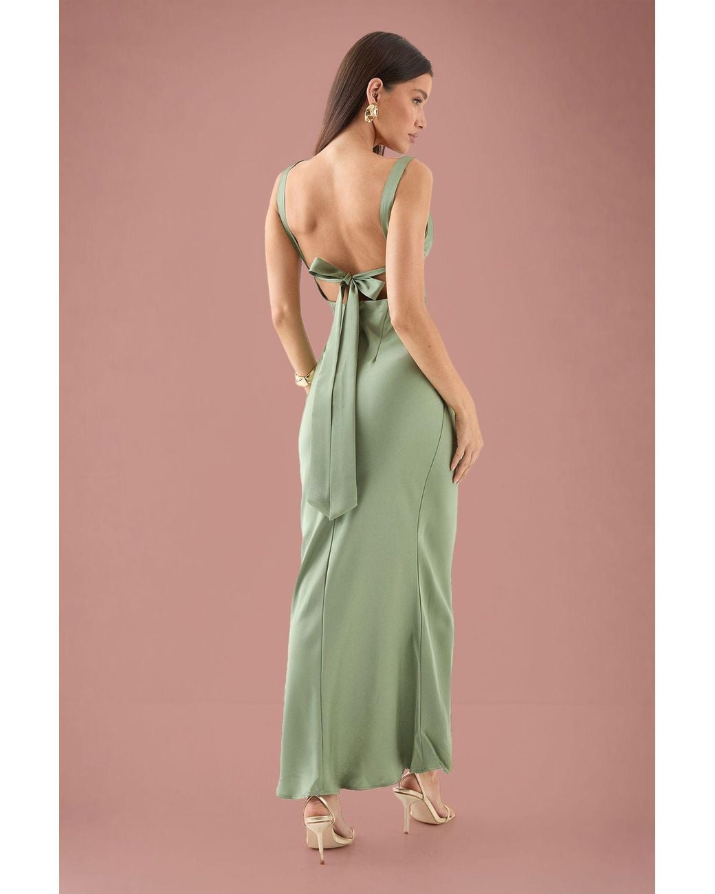MissPap Green Premium Satin Cowl Neck Fishtail Maxi Dress