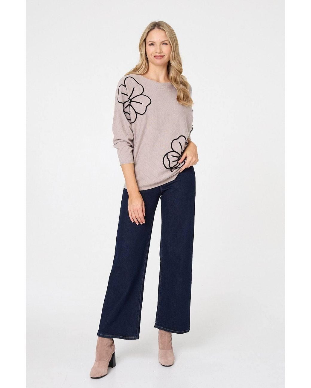 Izabel London Natural Floral Sparkle Batwing Sleeve Jumper