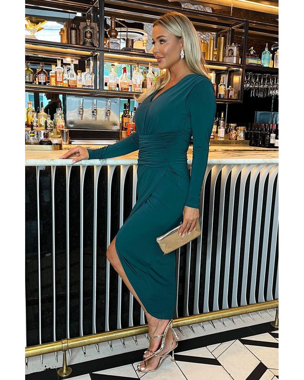 AX Paris Black Dark V Neck Long Sleeve Wrap Skirt Midi Dress