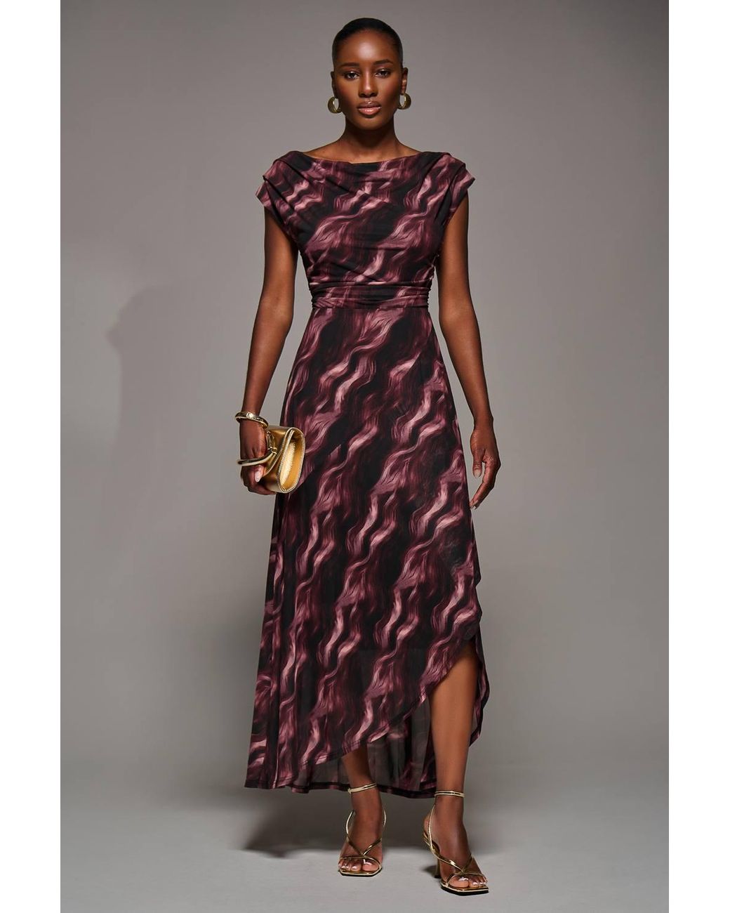 Jolie Moi Brown Asymmetric Draped Mesh Maxi Dress