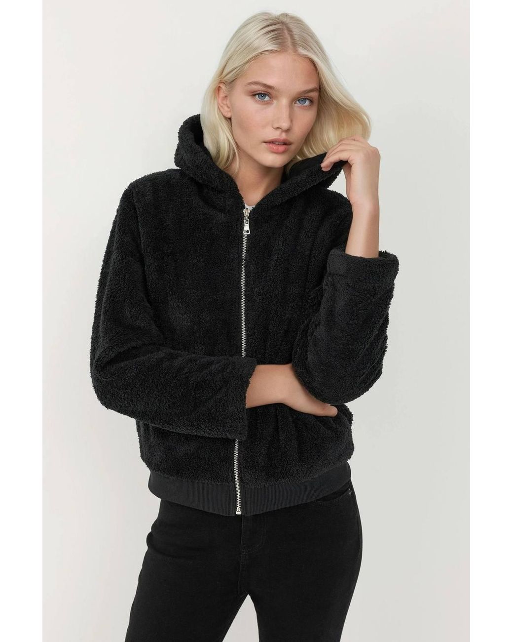 Hiccup Black Textured Full Zip Hooded Fleece Jacket