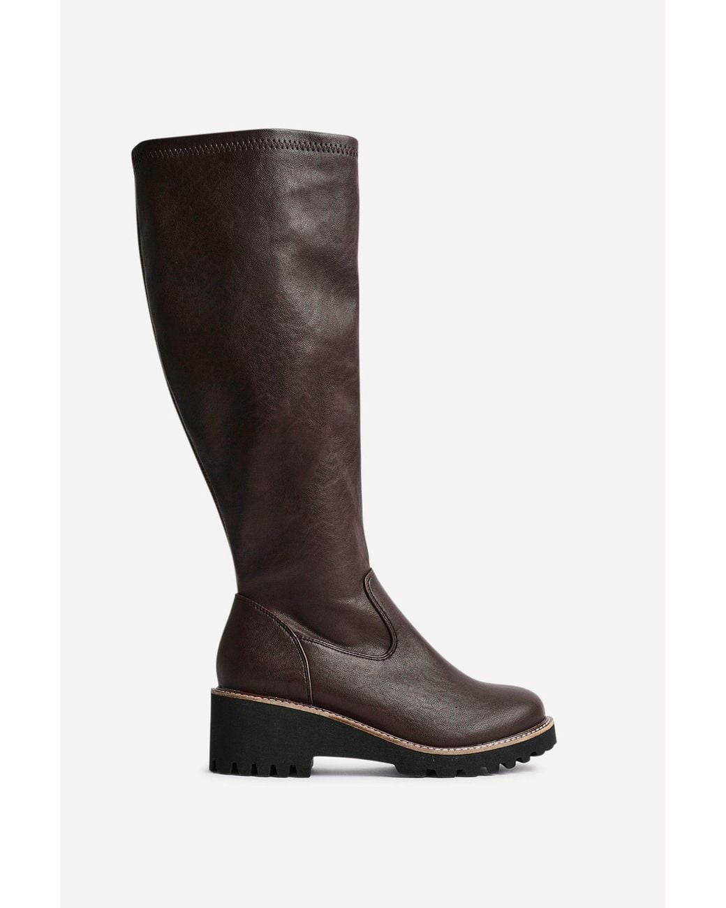 Linzi Black Maintain Wide Fit Faux Leather Stretch High Leg Wedge Boot