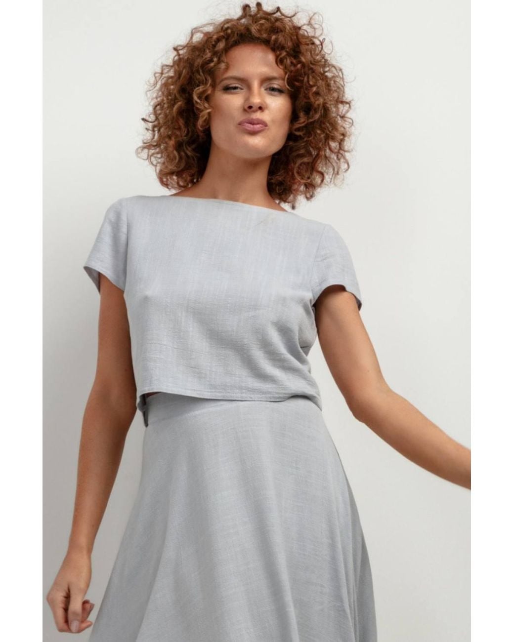 Love Lace Gray Linen Blend Short Sleeve Blouse