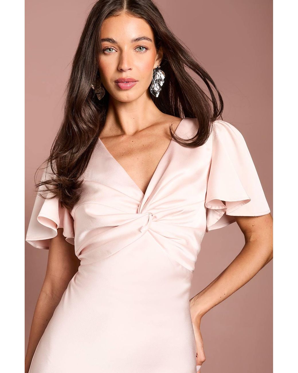 Oasis Brown Satin Twist Front Angel Sleeve Midi Bridesmaid Dress