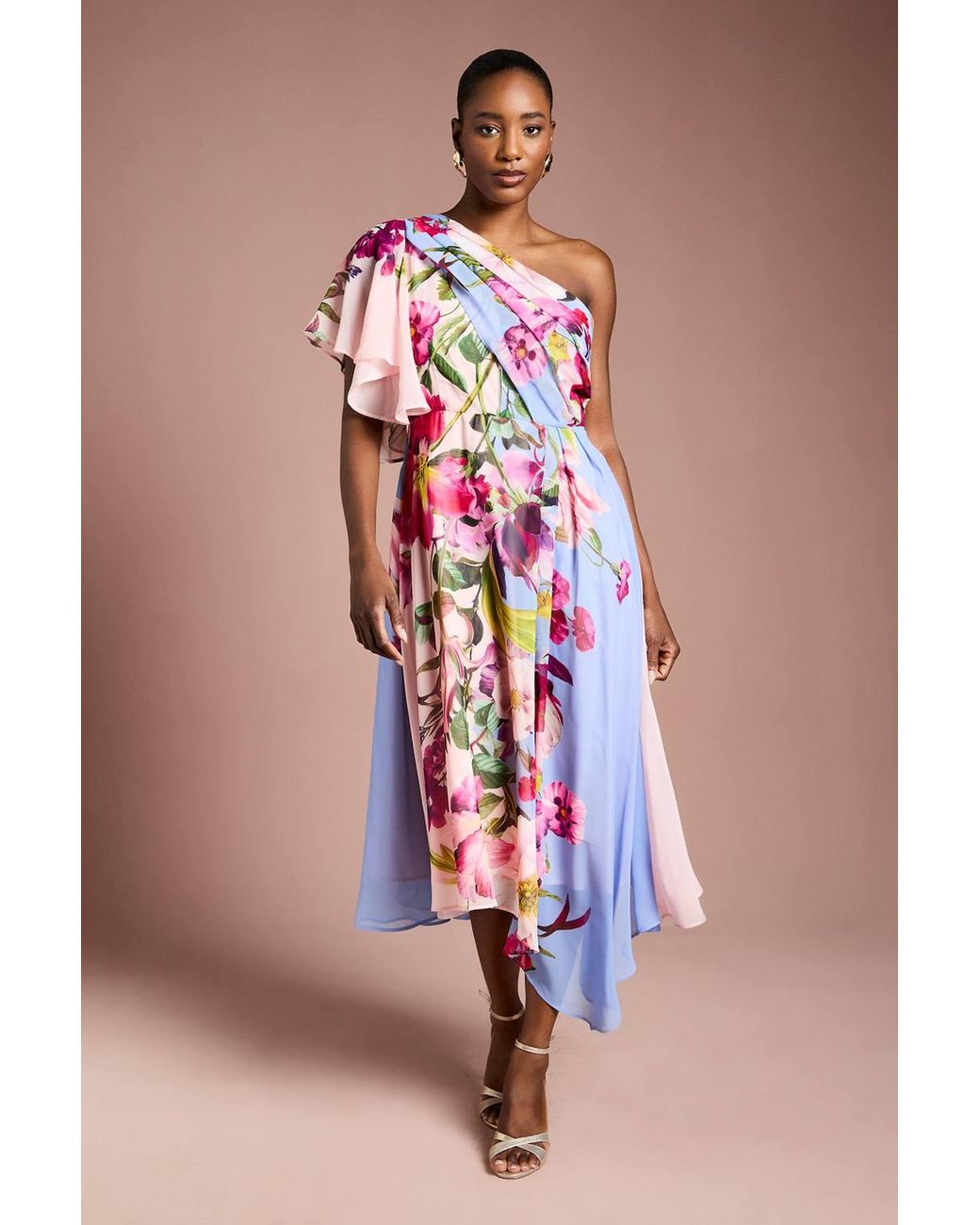 Coast Blue One Shoulder Floral Printed Chiffon Dress