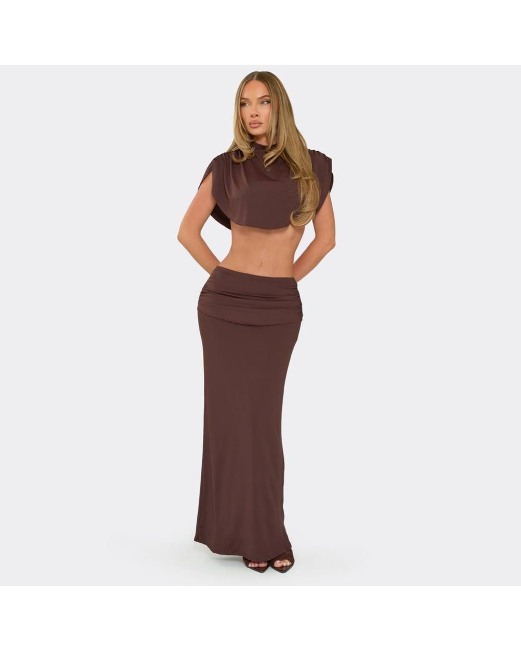 EGO Brown Ruched Low Rise Maxi Skirt