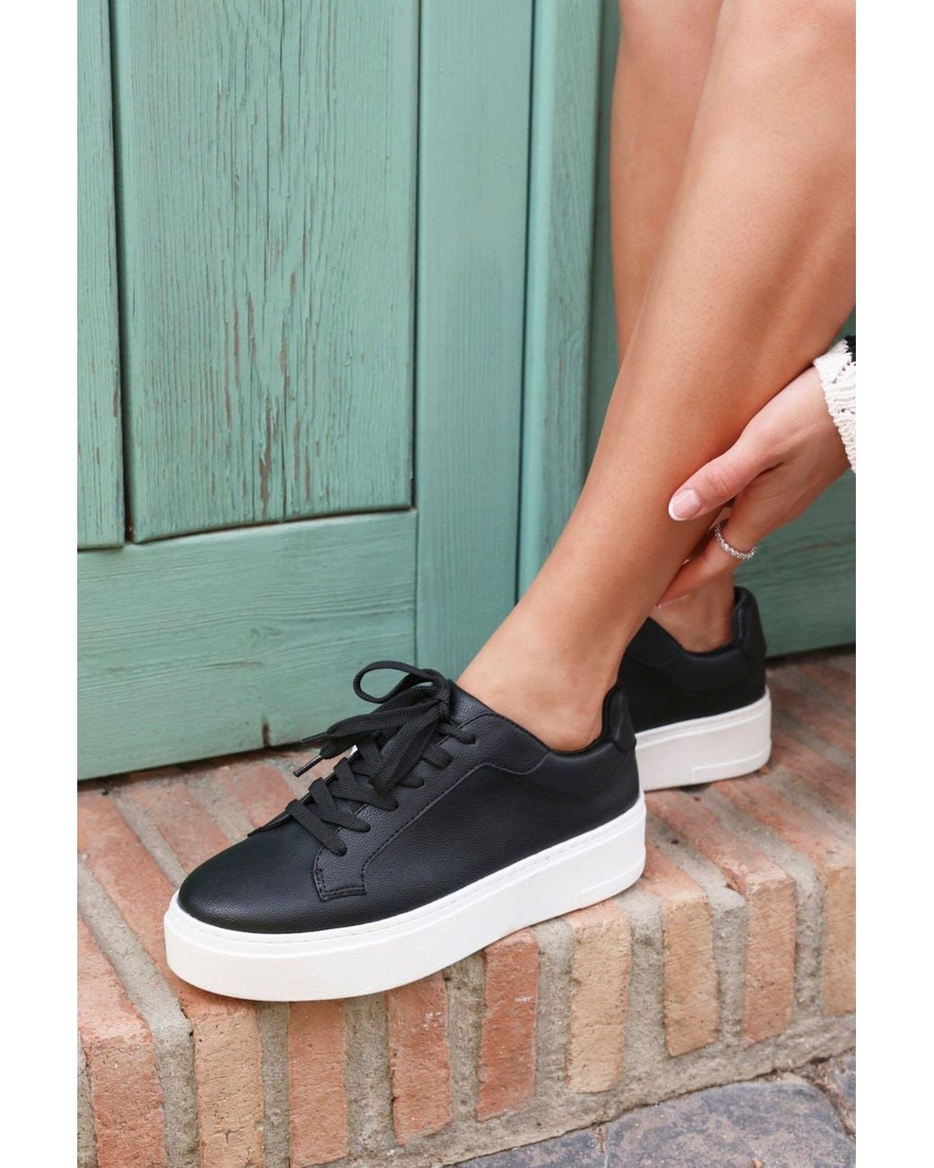 Linzi Black Jersey Faux Leather Trainers