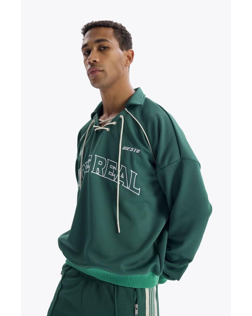 Giesto Green Drawstring Neckline Printed Sweatshirt for men