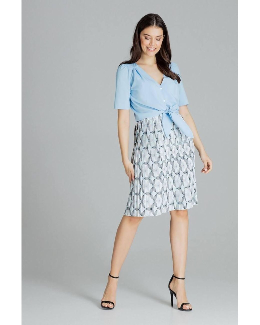 Love Lace Blue Pleated Pattern Midi Skirt Elastic Waist