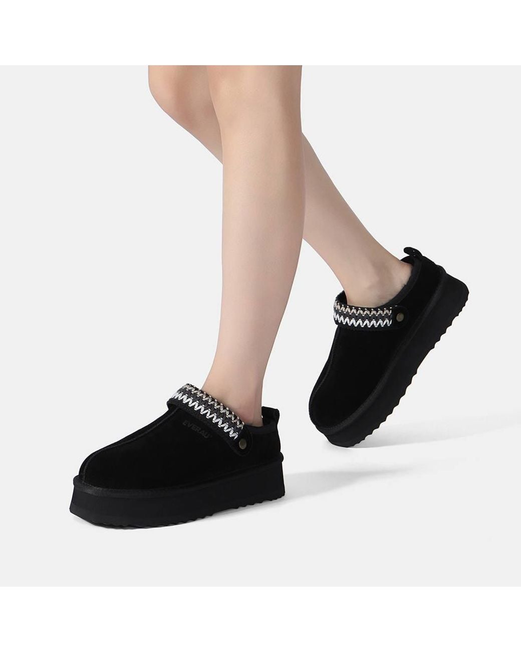 EverAu Australia Black Sheepskin Wool Maeve Platform Slippers With Eva Sole