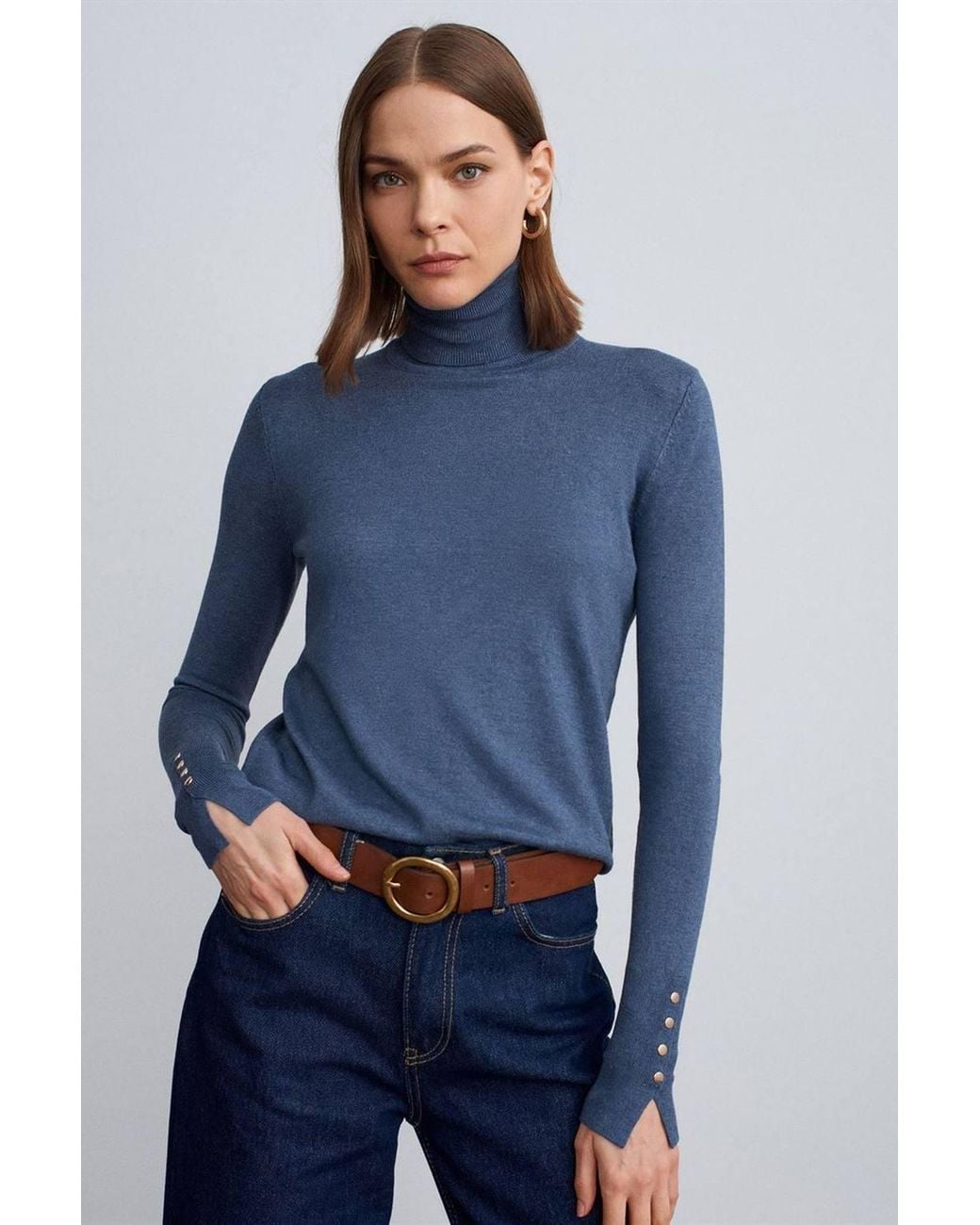 Dilvin Blue Turtleneck Knit Sweater With Buttons