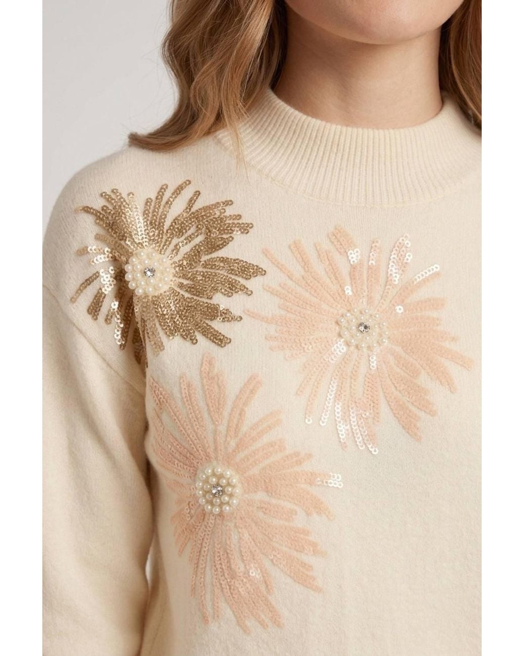Izabel London Natural Floral Detail High Neck Relaxed Jumper