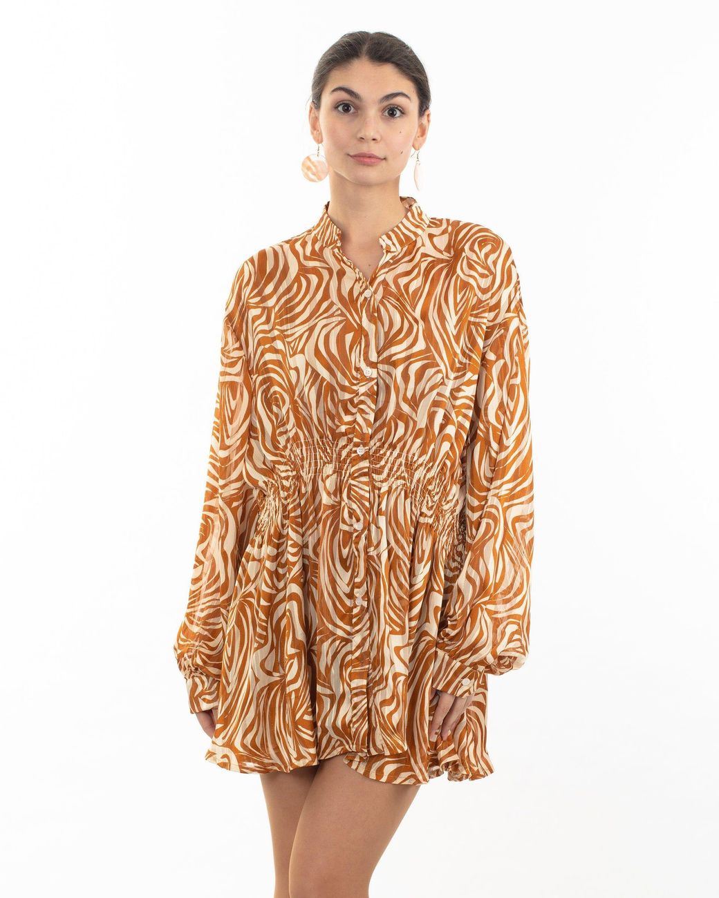 CY Brown Rose Scarf Print Mini Shirt Dress