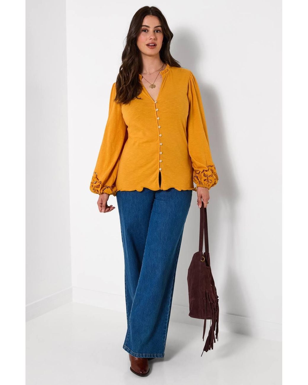 Joe Browns Orange Jersey Button Through Blouse With Embroidered Sleeve