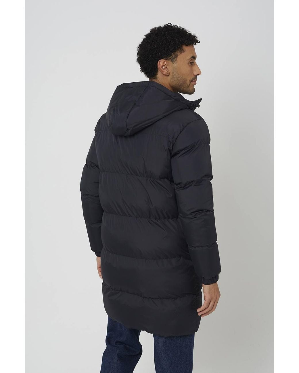 Brave Soul Blue Longline Hooded Padded Jacket With Patch Pockets for men