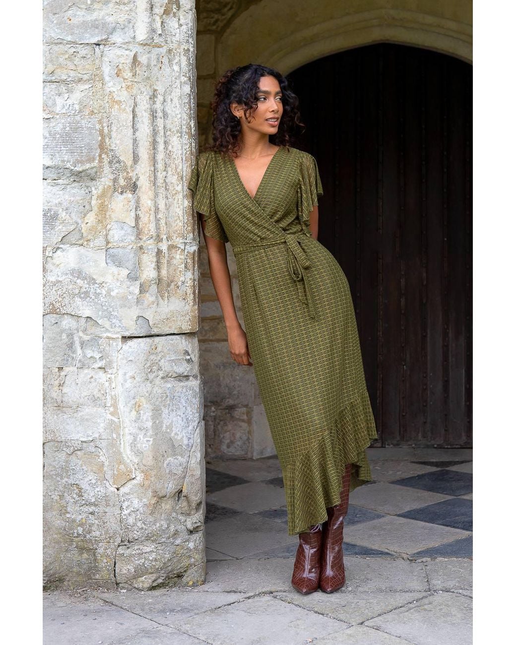 Blue Vanilla Green Lace Wrap Midi Dress