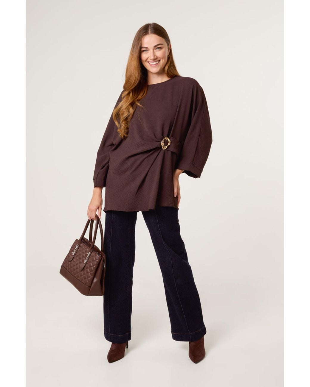 Blue Vanilla Brown Short Sleeve Round Neck Blouse