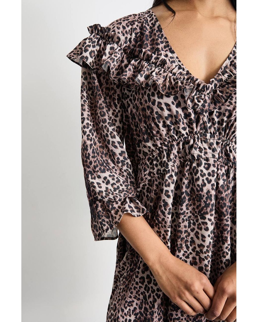 Warehouse Multicolor Printed Ruffle Shoulder Detail V Neck Boho Mini Dress