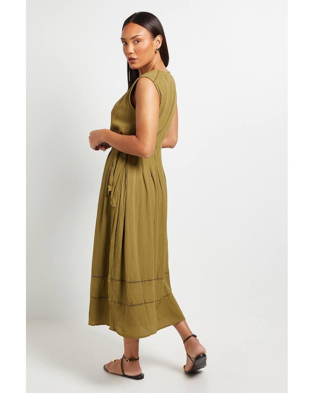 PRINCIPLES Green Crinkle Viscose Tie Midi Dress