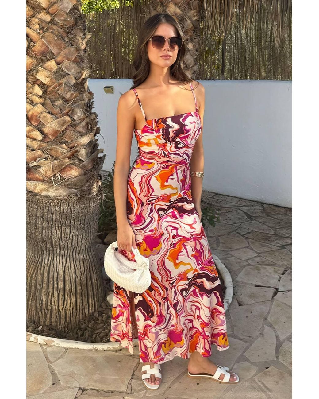 AX Paris Gray Multi Water Marble Print Strappy Slip Midi Dress