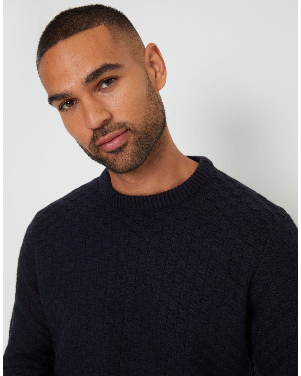 Threadbare Blue 'Oldcastle' Textured Knit Crew Neck Jumper for men
