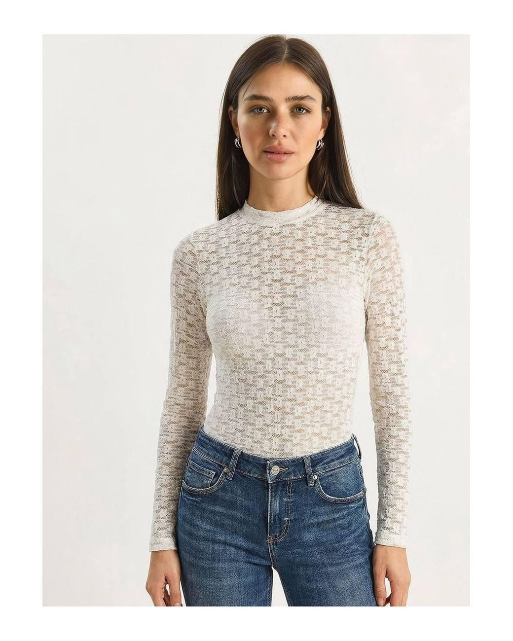 Bianco Lucci White Half Turtleneck Lace Blouse