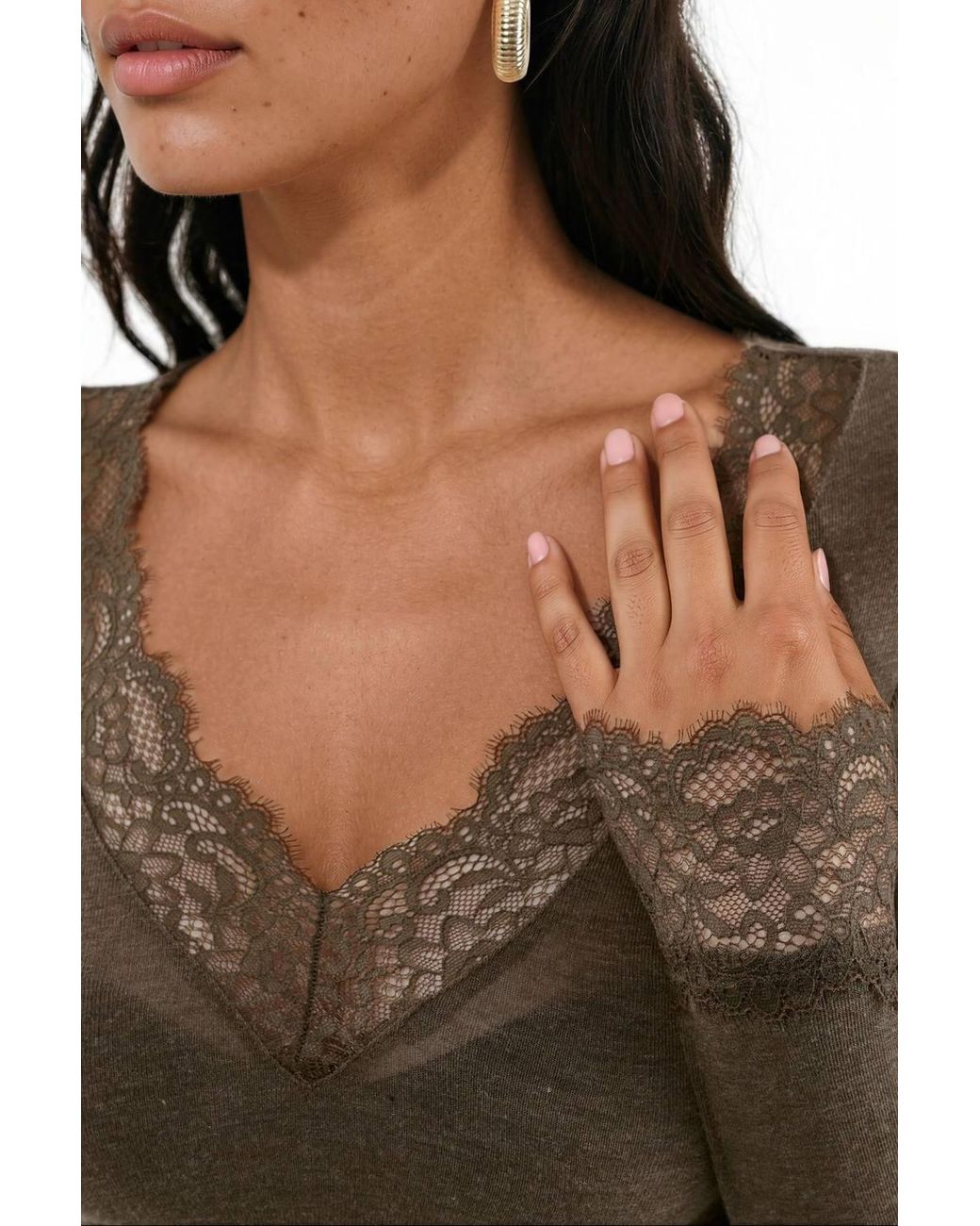 Busem Brown Long-Sleeve Lace V-Neck Top