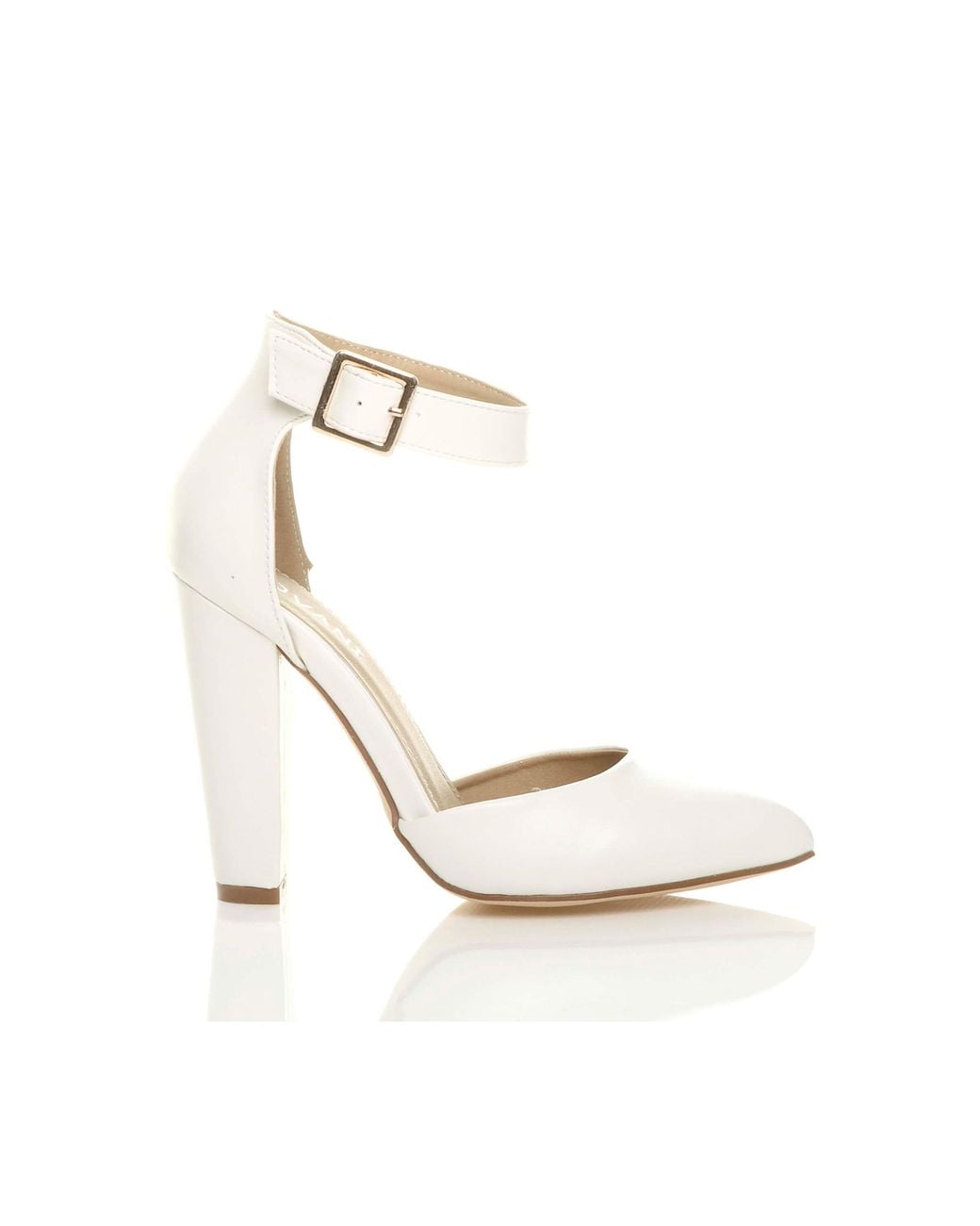 AJVANI White High Block Heel Ankle Strap Pointed Toe Court Shoes