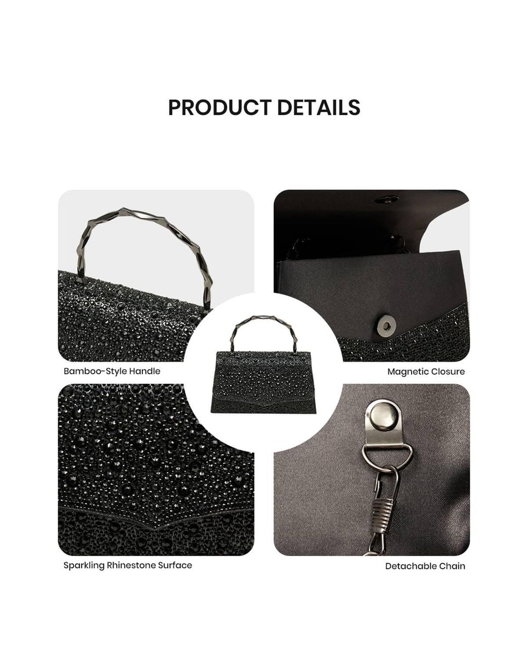 MODISHION Black Rhinestone Evening Clutch Bag With Bamboo-Style Handle
