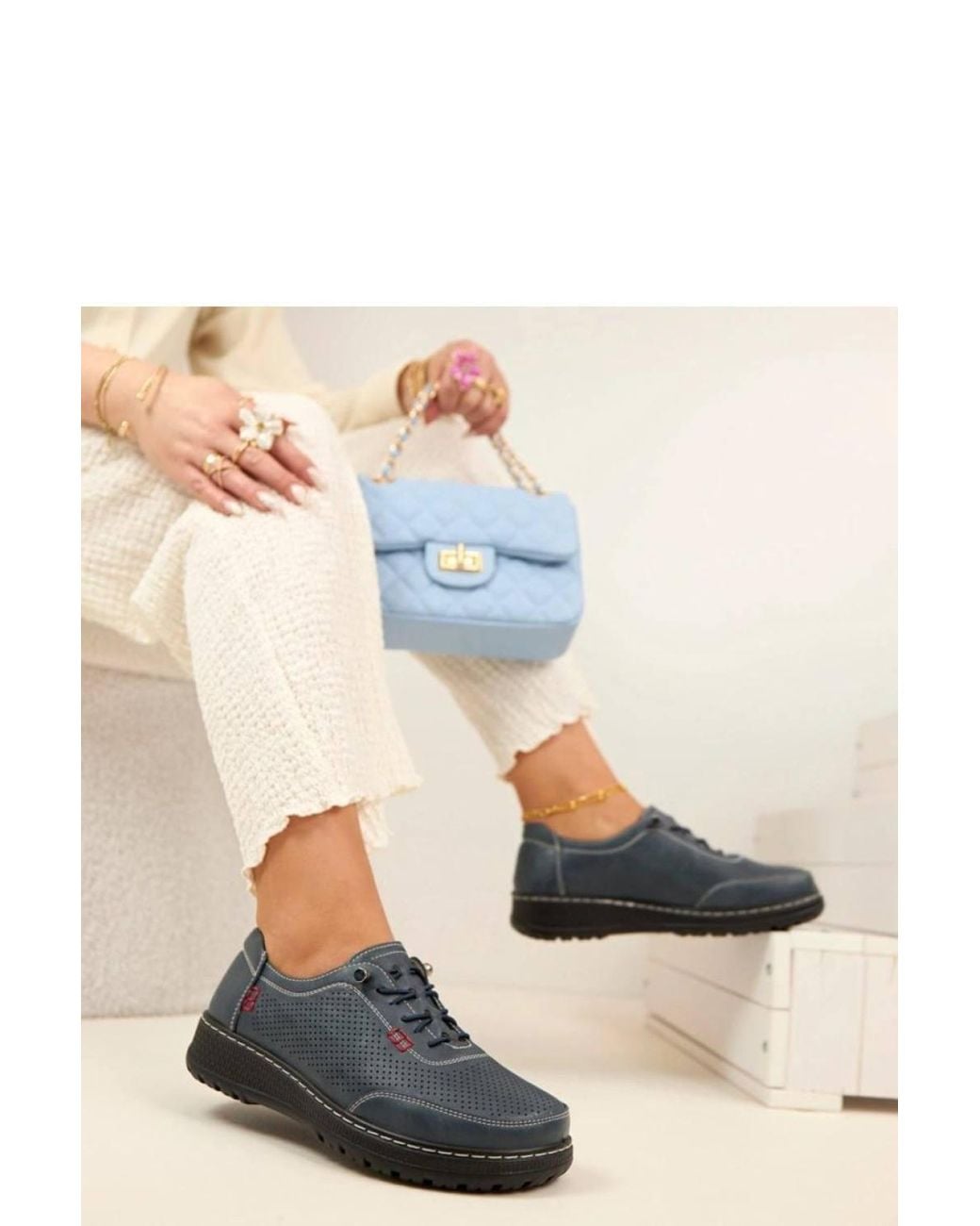 Love Lace Blue Slip On Openwork Platform Shoe With Decorative Laces Comfort
