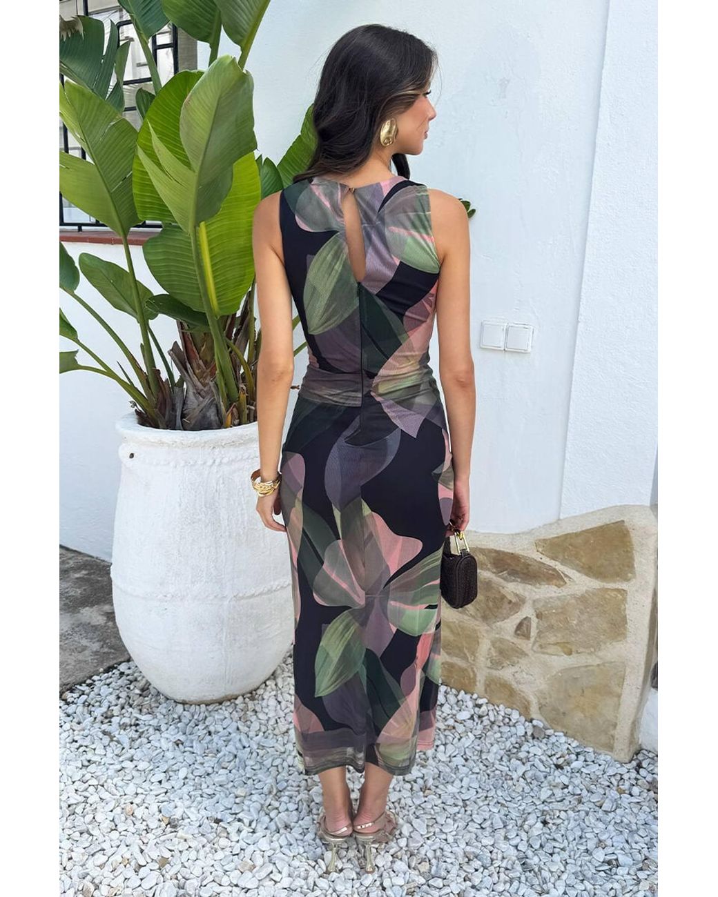 AX Paris Blue Multi Leaf Print Cut Out Knot Detail Mesh Midi Dress
