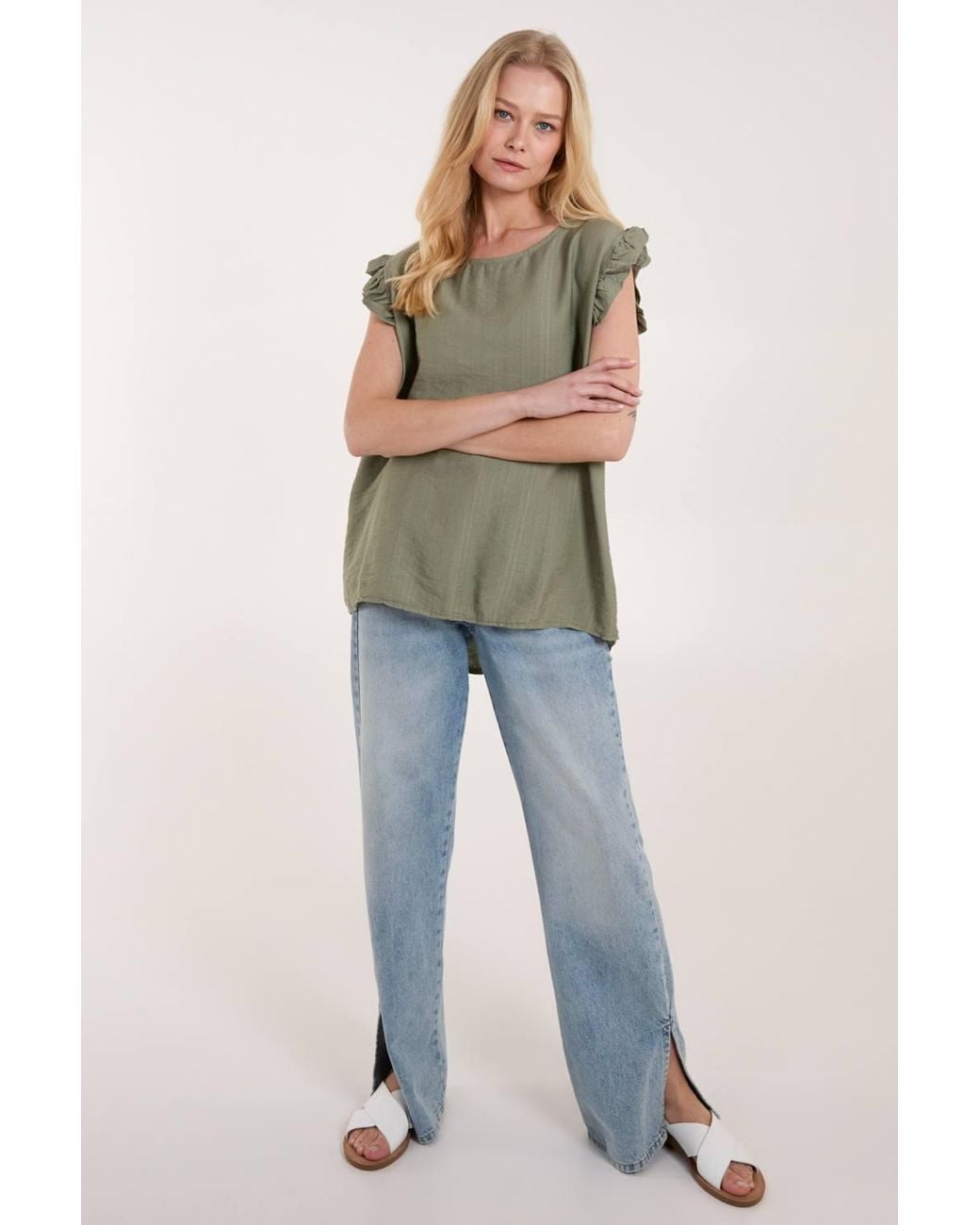 Blue Vanilla Green Button Back Frill Shoulder Top