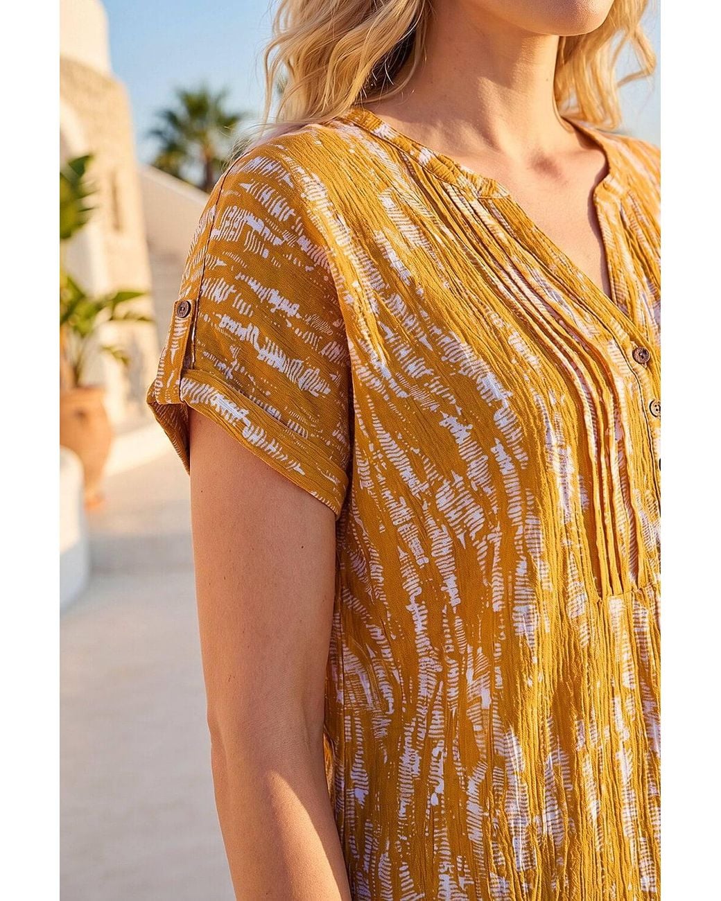 Roman Orange Abstract Print V-Neck Button Top
