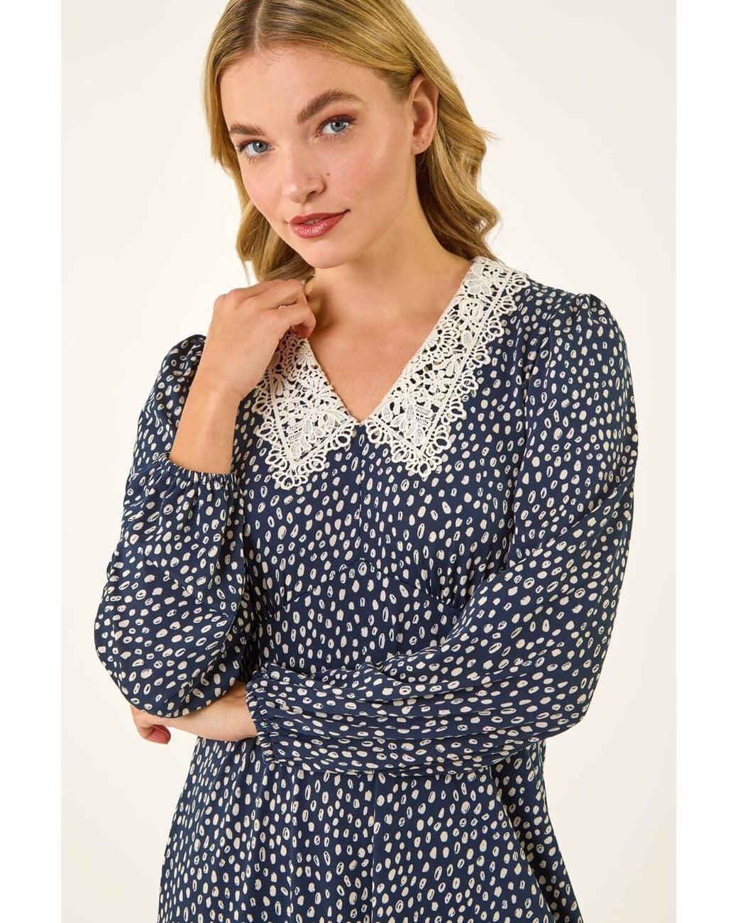 D.u.s.k Blue Lace Collar Spot Print Dress