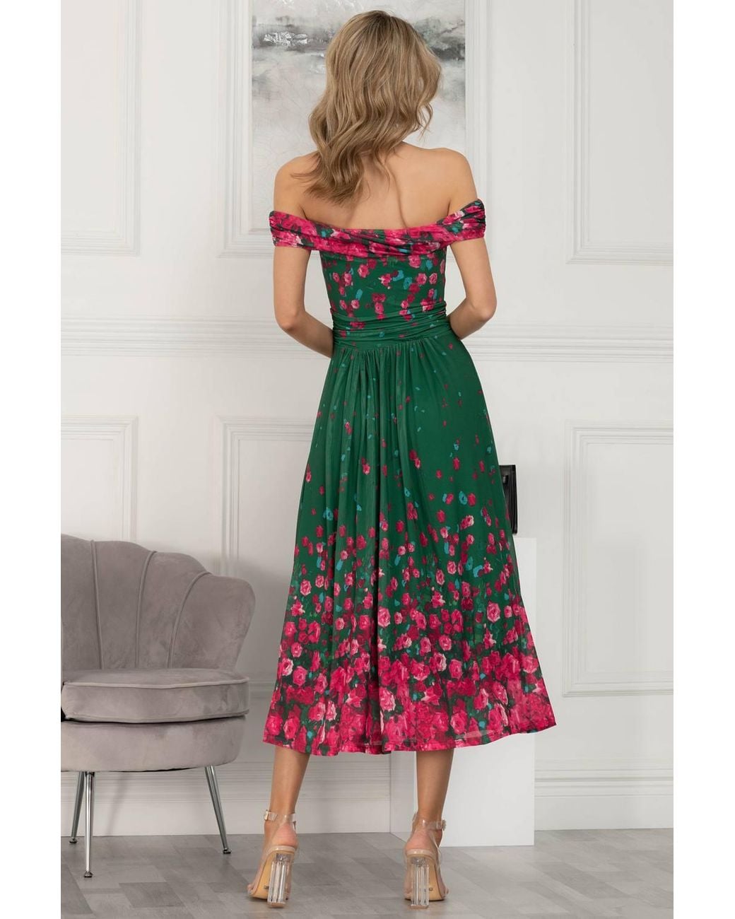 Jolie Moi Green Oliana Mesh Bardot Neckline Dress