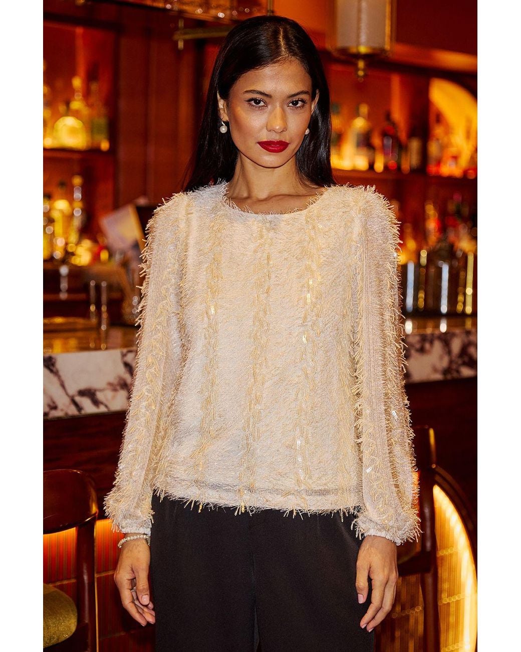 Yumi' Red Hanging Sequin Long Sleeve Top