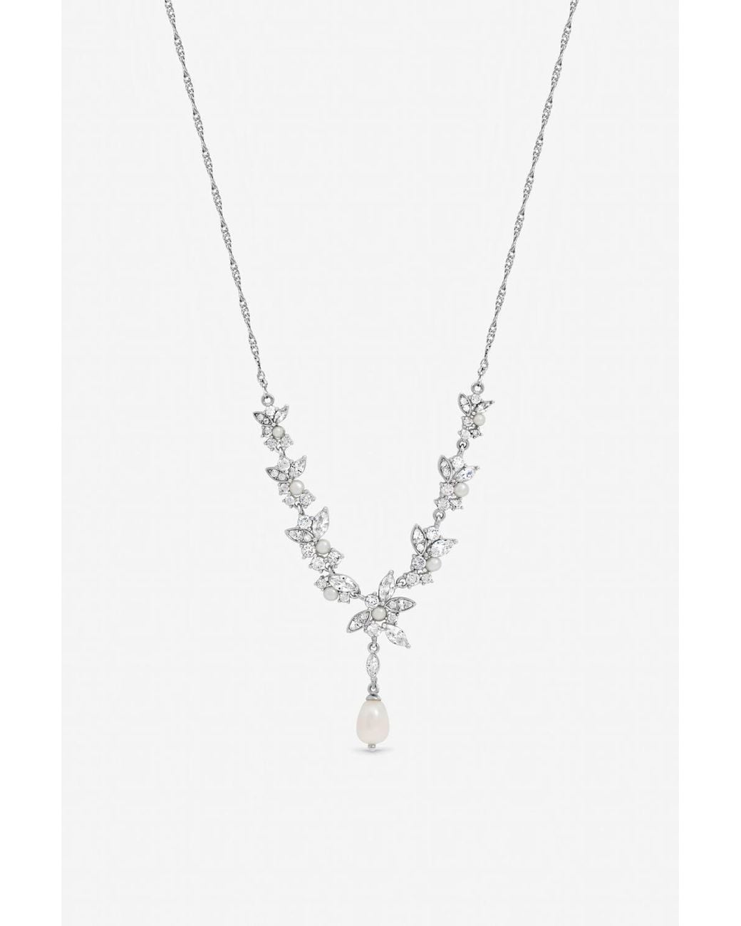 Jon Richard White Rhodium Plated Crystal & Freshweater Pearl Y-Drop Necklace