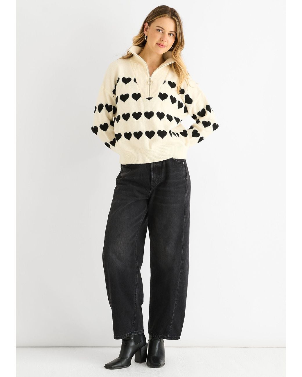 Gini London Blue Heart Zip Up Loose Fit Knit Jumper