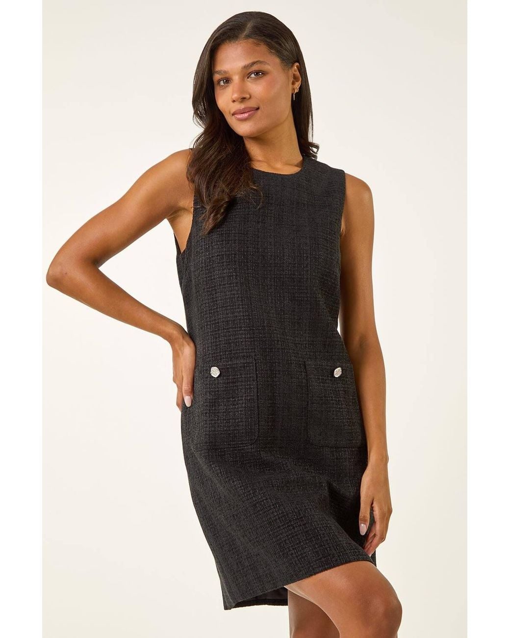 Roman Black Textured Pinafore Pocket Dress