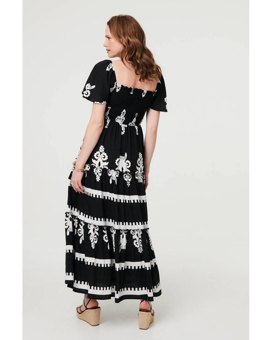 Izabel London White Ikat Print Short Angel Sleeve Maxi Dress