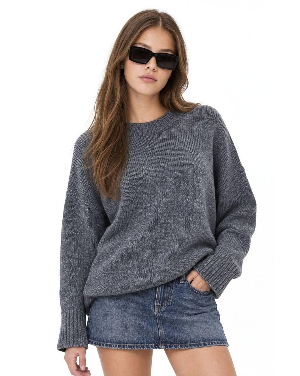 MixRay Blue Oversized Ribbed Knit Sweater With Crew Neck