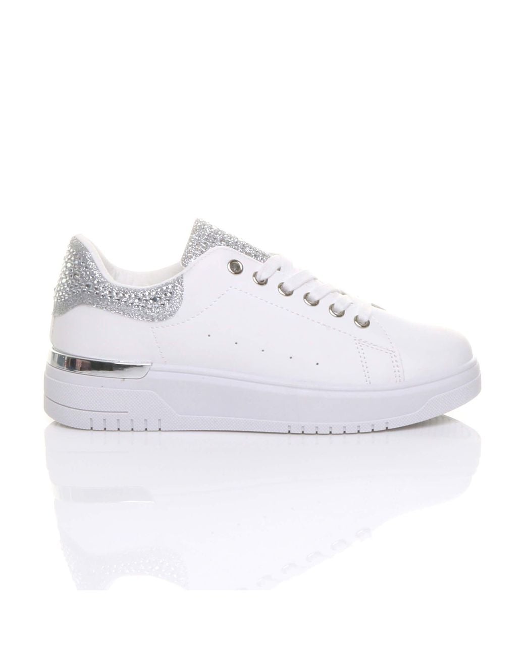 AJVANI White Flat Heel Diamante Sparkly Trainers