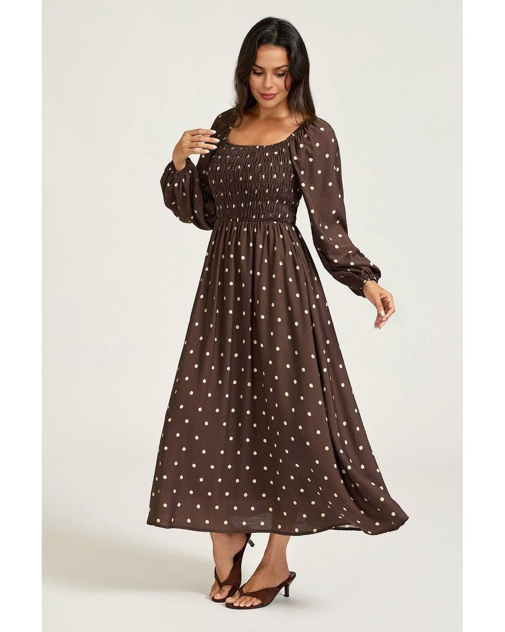 FS Collection Brown Print Square Neck Midi Dress With Long Sleeves